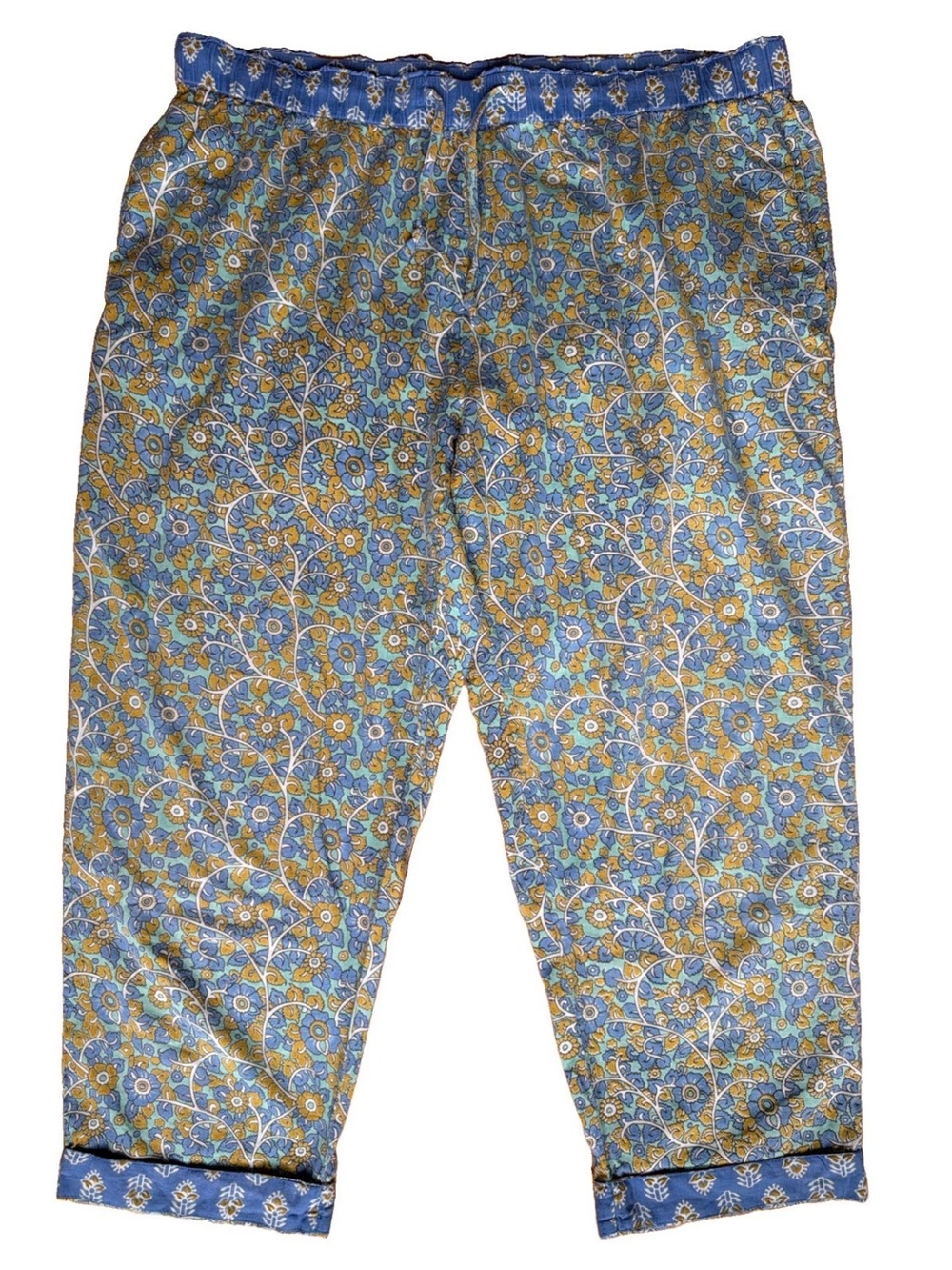 Sundance Leia Cropped Pants 100% Cotton Blue Floral Pull On Elastic Drawstring